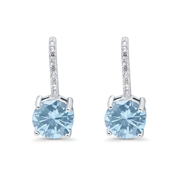 Round LeverBack Earrings Hoop Huggie Design Simulated Aquamarine CZ 925 Sterling Silver (22mm)